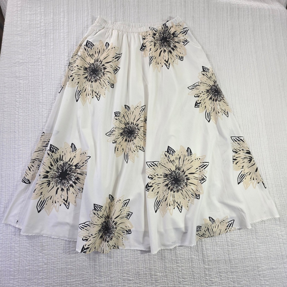 Coldwater Creek Floral Sunflower Midi Skirt White Black Tan Elastic Waist EUC S